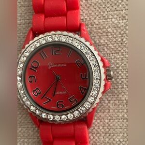 Geneva Red Watch with Crystal-Studded Silver Bezel